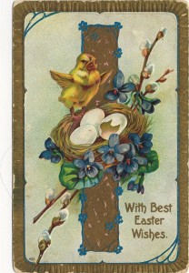 ‘With Best Easter Wishes’ embossed postally used postcard, postmarked March 26, 1910, (city name obscured), Ohio.